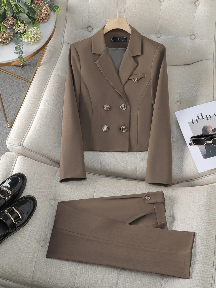 Solid Suits for Women 2024 Spring Fashion Office Ladies Long Sleeve Double Breasted Short Tops Chic Slim High Waisted Pant Suits - Image 4