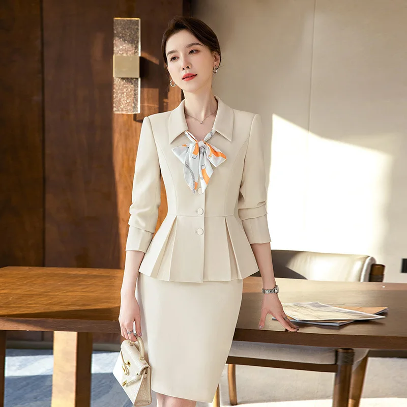 2024 New Spring Female Elegant Women's Skirt Suits Apricot Navy Blue Blazer +Trouser Bussiness Jacket Office Lady 2 Pieces Set - Image 4
