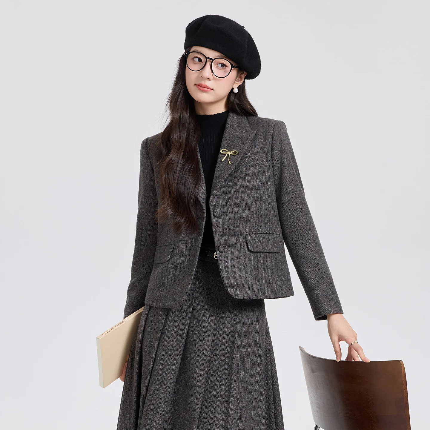 Fashion Commuter Suit for Women Winter New Castle Gray Suit Short Double Breasted Blazer Coat+ A-Line Skirt Two-piece Set Female - Image 5