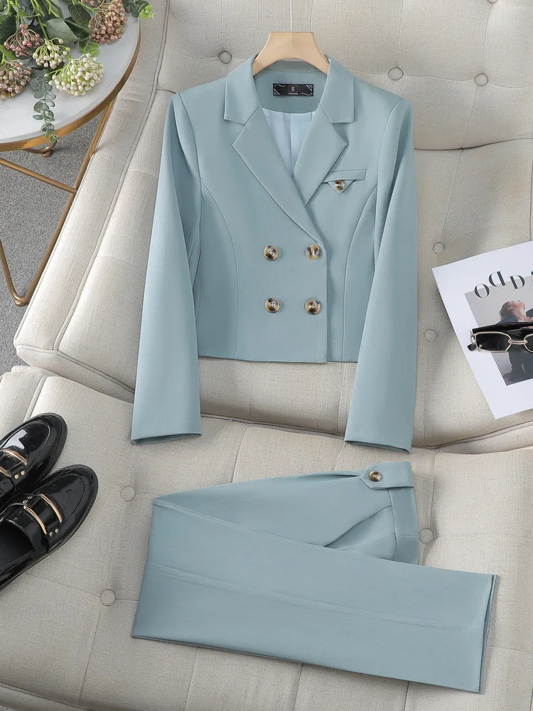 Solid Suits for Women 2024 Spring Fashion Office Ladies Long Sleeve Double Breasted Short Tops Chic Slim High Waisted Pant Suits - Image 5