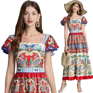 Women Square Collar Flying Sleeve Elegant Backless Long Dress Summer Rumway Fashion Flower Print High Waist Beach Party Vestidos