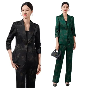 Two-Piece Leaf Print Blazer Pantsuits Set for Women Office Ladies Business Single Buttons Formal Spring Autumn Trousers Suit