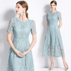 kf-S43075ea0a4de47398be8d5ef38ffcf4fR Elegant Water Soluble Lace Flower Embroidery Hollow Out Midi Dress Women's Stand Short Sleeve Solid Color Casual Office Vestido
