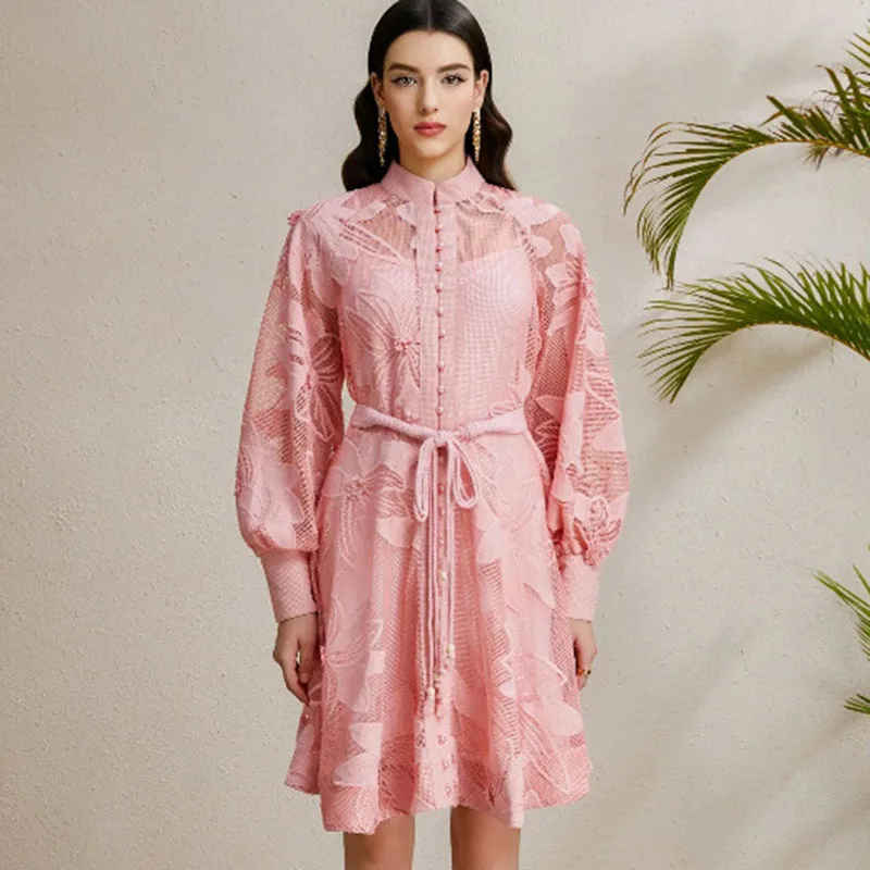 Elegant Single Breasted Mini dress With Belt Women 2025 New Spring Luxury Lantern Long Sleeve Embroidery Dresses White Vestidos - Image 2