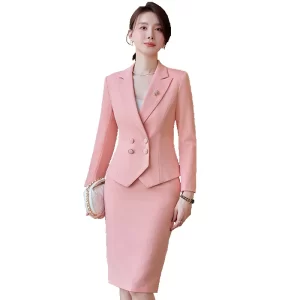kf-S705cd1f173b0431b98186aaa3f7619a6W New Arrival Elegant Ladies Formal Skirt Suit Women Orange Blue Pink Double Breasted Female Blazer Set for Business Work Wear