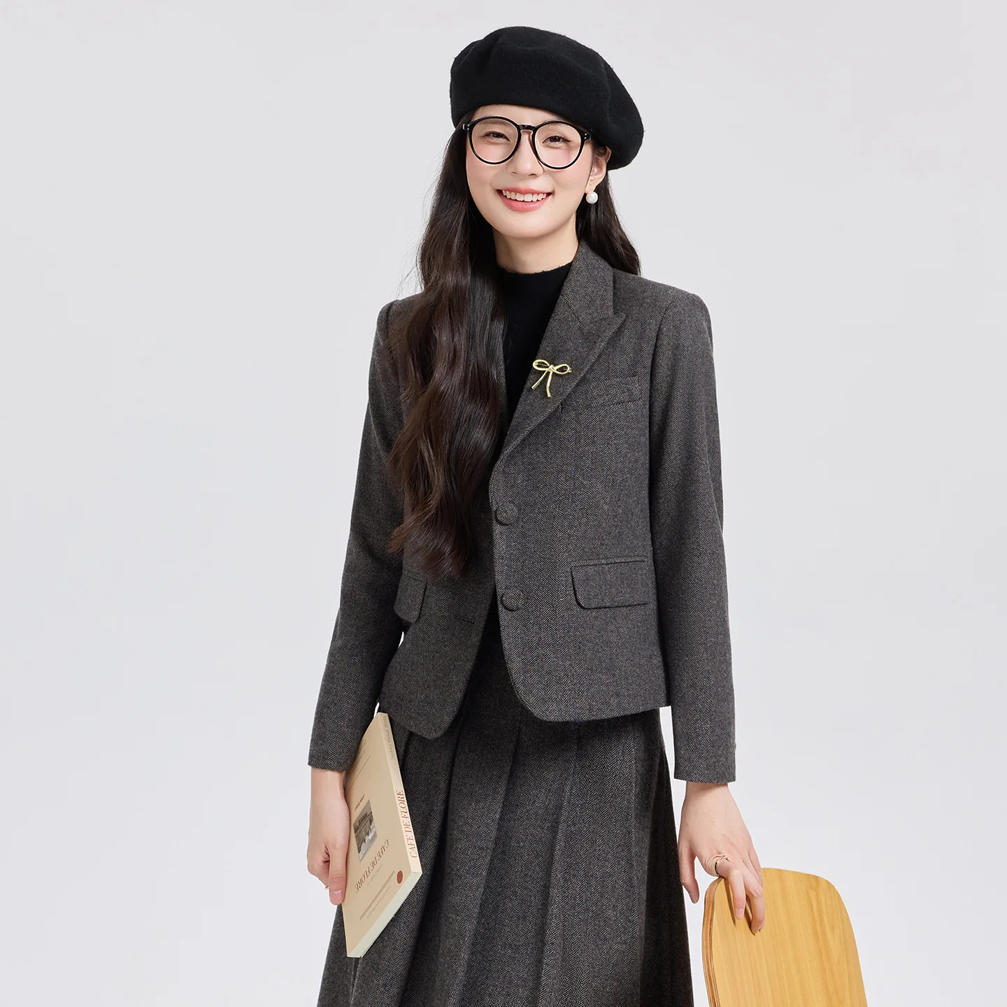 Fashion Commuter Suit for Women Winter New Castle Gray Suit Short Double Breasted Blazer Coat+ A-Line Skirt Two-piece Set Female - Image 4