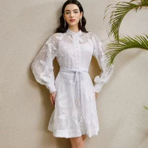 kf-S786c41d56a4d4769bb5ef8634ba4b81aA Elegant Single Breasted Mini dress With Belt Women 2025 New Spring Luxury Lantern Long Sleeve Embroidery Dresses White Vestidos