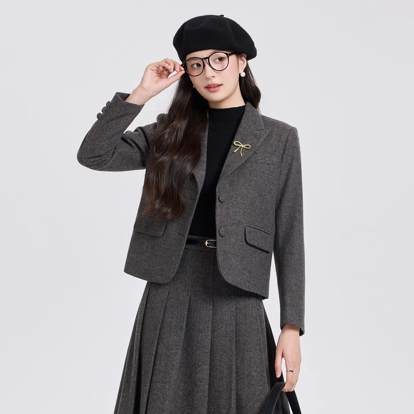 Fashion Commuter Suit for Women Winter New Castle Gray Suit Short Double Breasted Blazer Coat+ A-Line Skirt Two-piece Set Female - Image 2