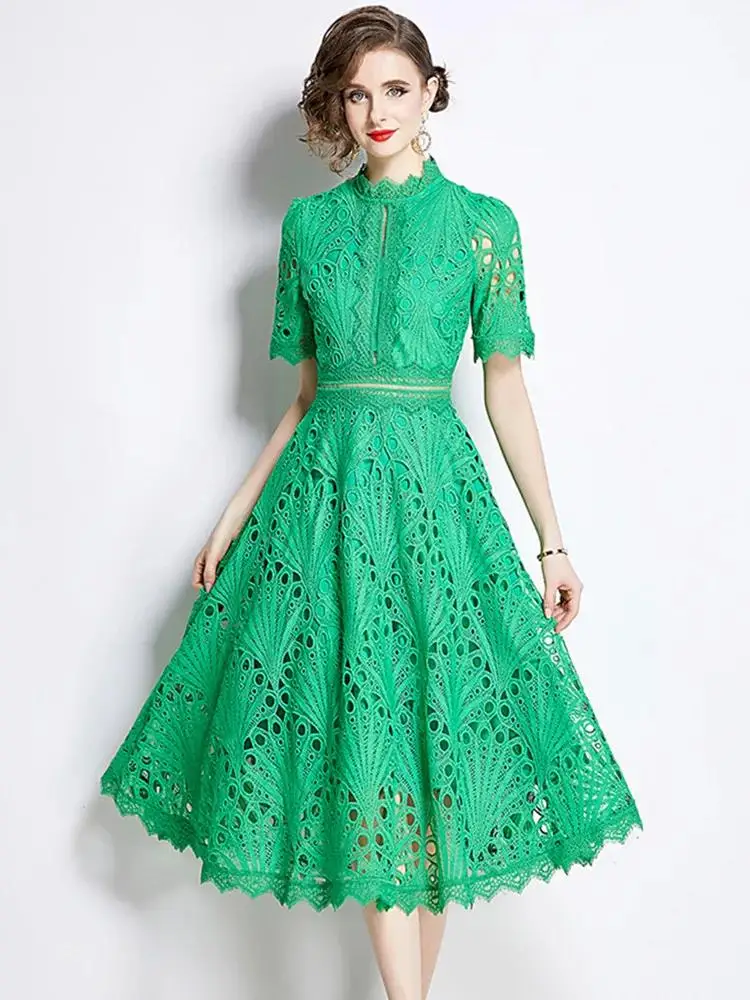 Elegant Water Soluble Lace Flower Embroidery Hollow Out Midi Dress Women's Stand Short Sleeve Solid Color Casual Office Vestido - Image 4