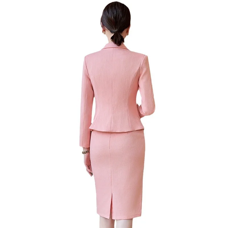 New Arrival Elegant Ladies Formal Skirt Suit Women Orange Blue Pink Double Breasted Female Blazer Set for Business Work Wear - Image 2