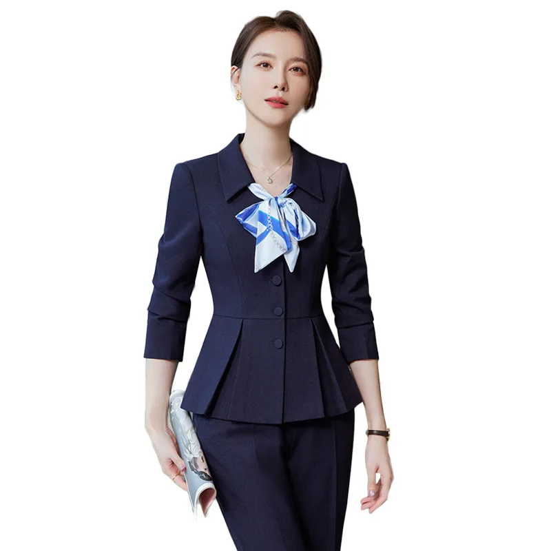 2024 New Spring Female Elegant Women's Skirt Suits Apricot Navy Blue Blazer +Trouser Bussiness Jacket Office Lady 2 Pieces Set - Image 3