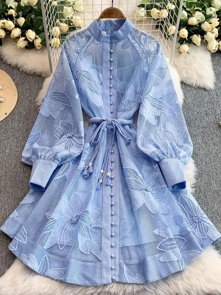 Elegant Single Breasted Mini dress With Belt Women 2025 New Spring Luxury Lantern Long Sleeve Embroidery Dresses White Vestidos - Image 4