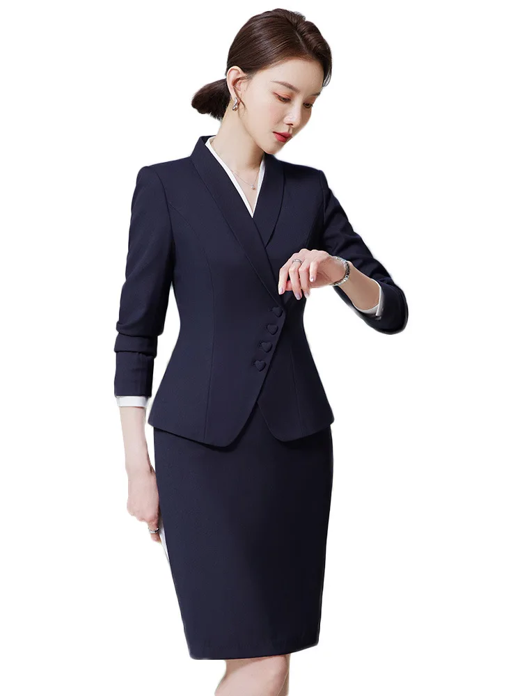Office Business Women's Suit Pants Two-piece Set 2024 New Spring Autumn Long Sleeve Heart Button Jacket Slim Trousers Skirts - Image 3