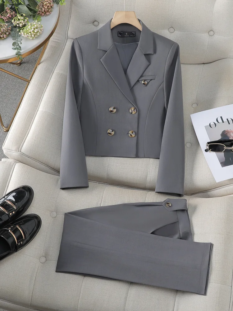 Solid Suits for Women 2024 Spring Fashion Office Ladies Long Sleeve Double Breasted Short Tops Chic Slim High Waisted Pant Suits - Image 6